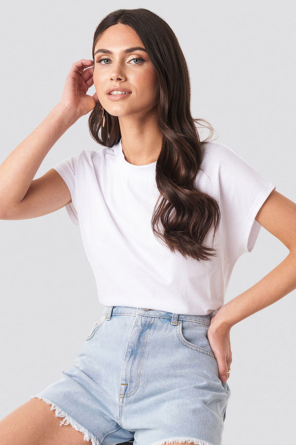 NA-KD Basic Round Neck Cap Sleeve T-Shirt vit