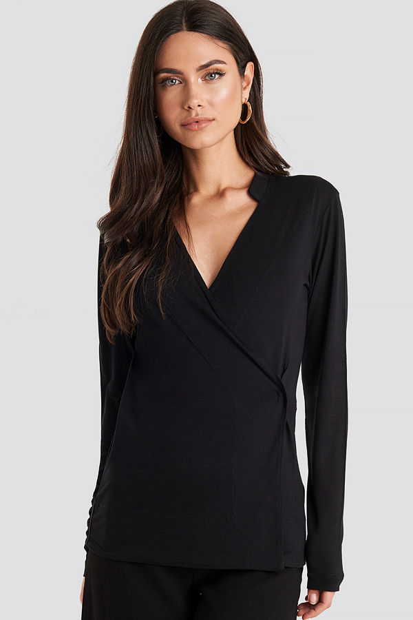 NA-KD Wrap Jersey Long Sleeve Top svart
