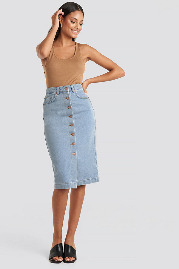 NA-KD Button Up Denim Midi Skirt blå