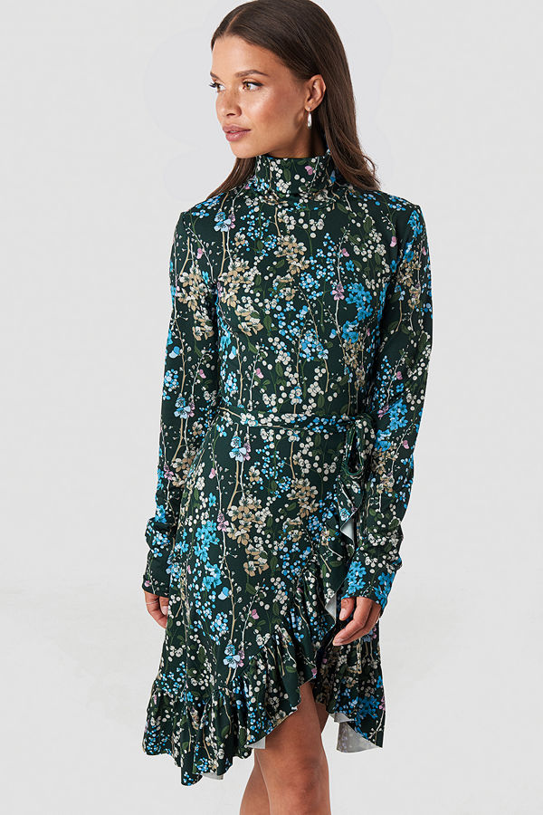 NA-KD Trend High Neck Floral Wrap Dress multicolor