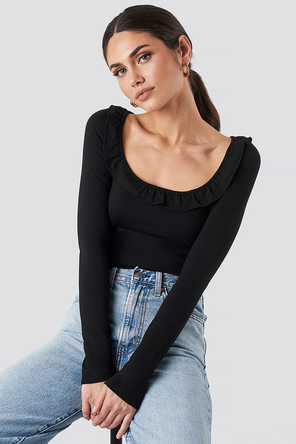 NA-KD Long Sleeve Flounce Detail Top svart