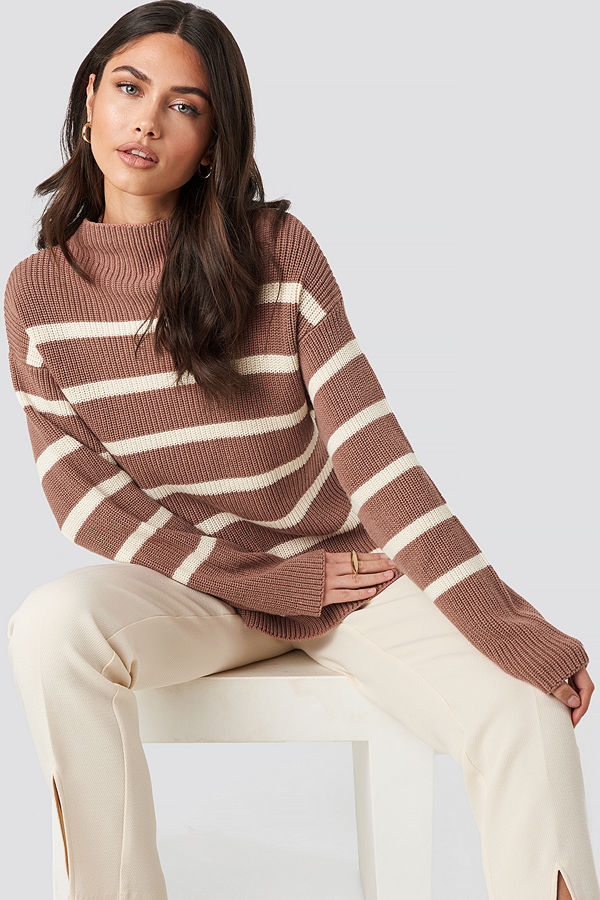 NA-KD High Neck Striped Knitted Sweater rosa
