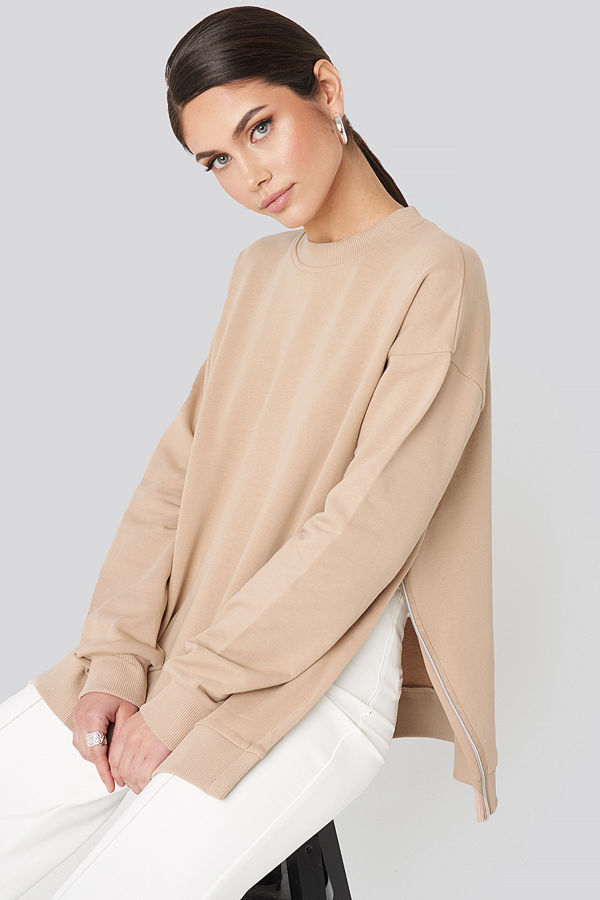 NA-KD Trend Oversized Side Slit Sweater beige