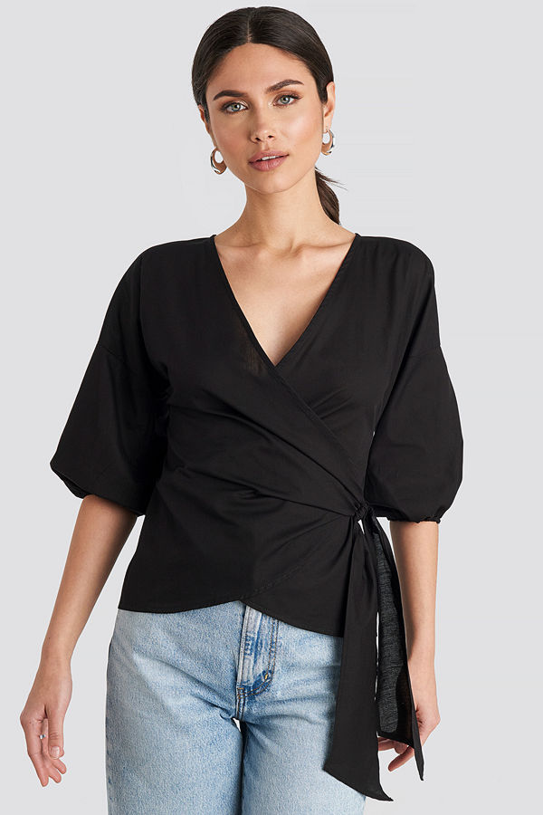 NA-KD Wrap Over Balloon Sleeve Blouse svart