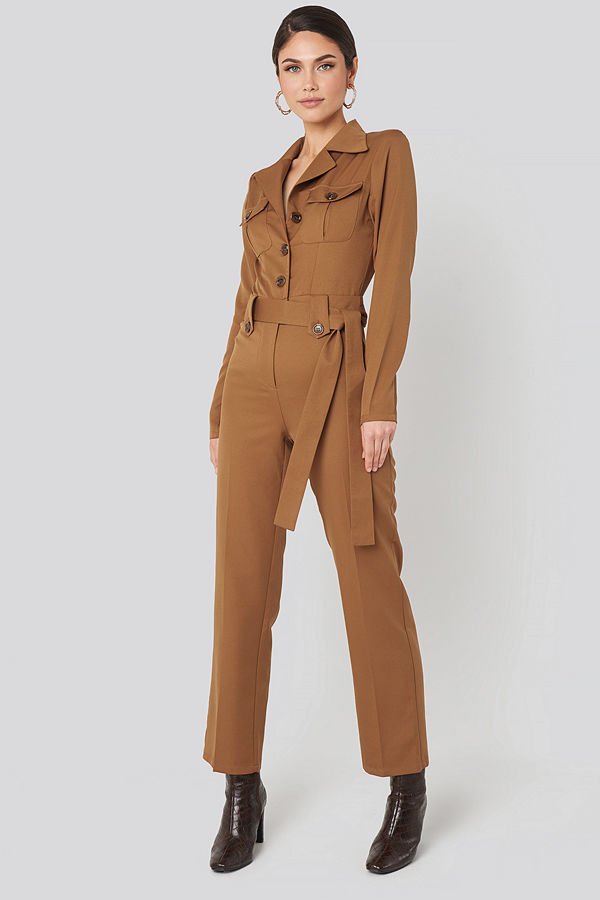 NA-KD Trend Front Pocket Tied Waist Jumpsuit brun
