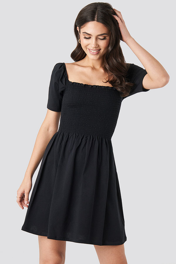 NA-KD Boho Puff Sleeve Shirring Mini Dress svart