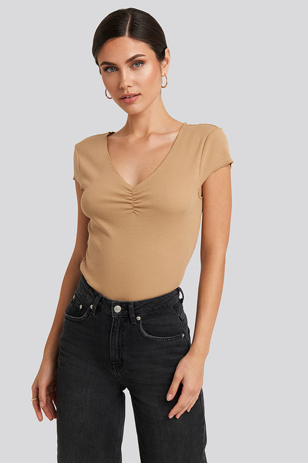 NA-KD Lettuce Hem Ribbed T-shirt beige