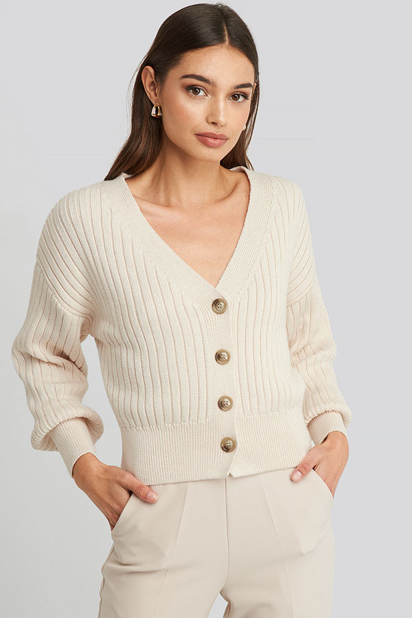 NA-KD Ribbed Cropped Cardigan beige