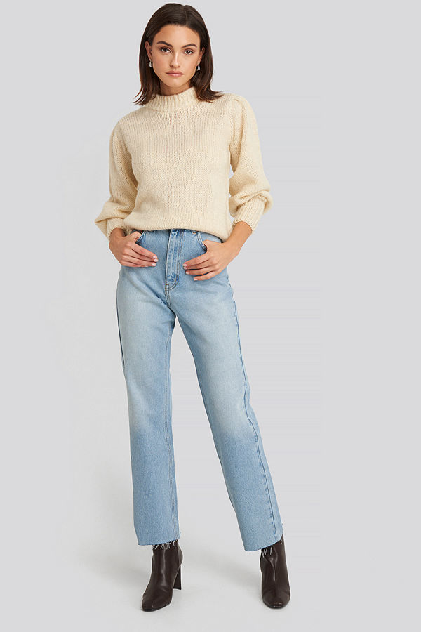 NA-KD High Waist Raw Hem Straight Jeans blå