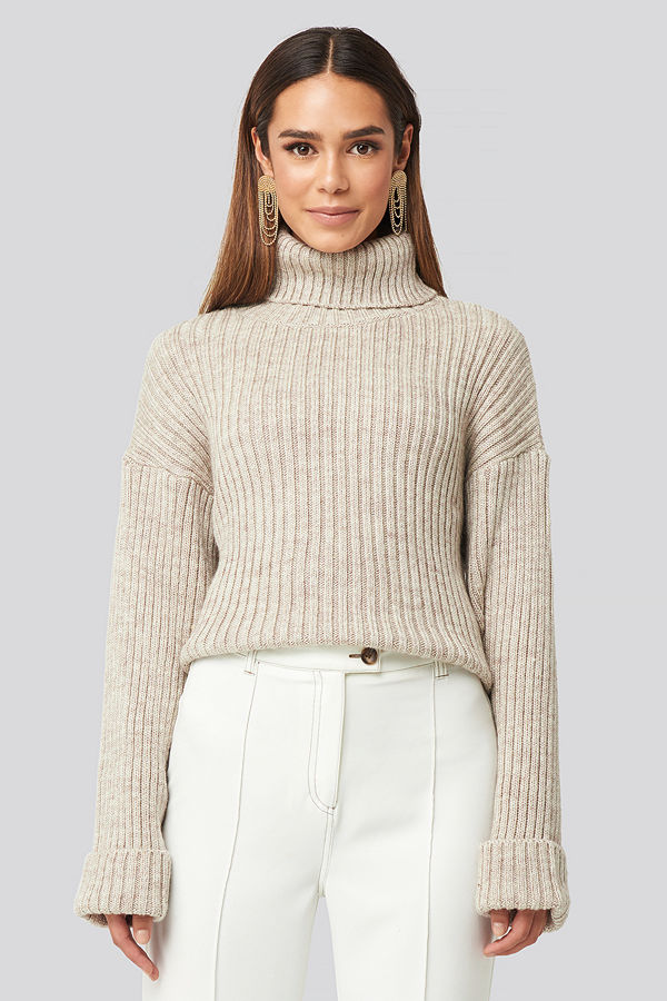 NA-KD Ribbed Knitted Turtleneck Sweater beige