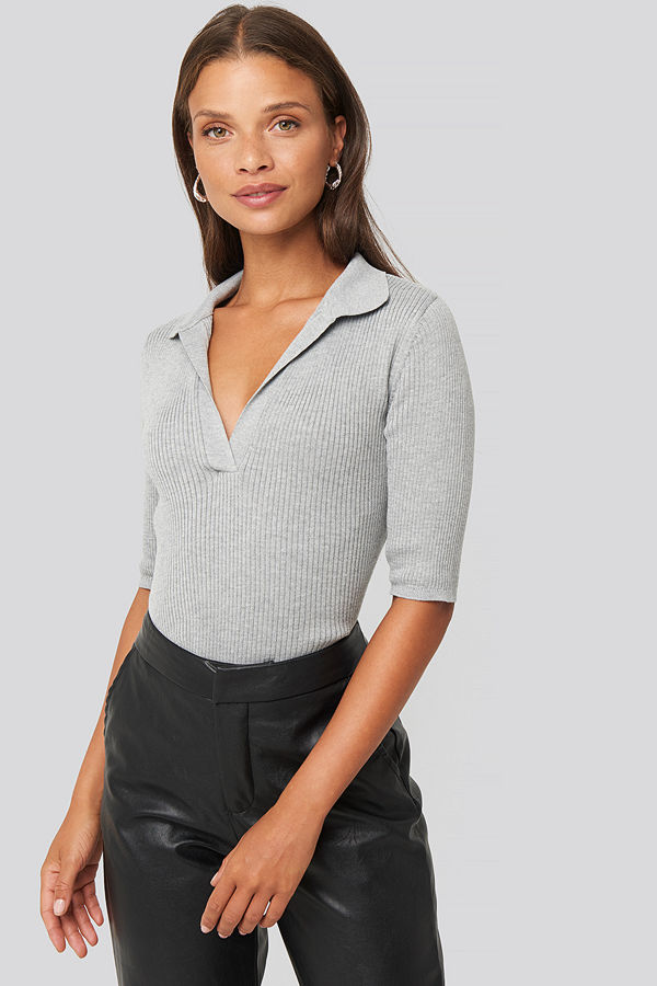 NA-KD Pique Collar Knitted Top grå