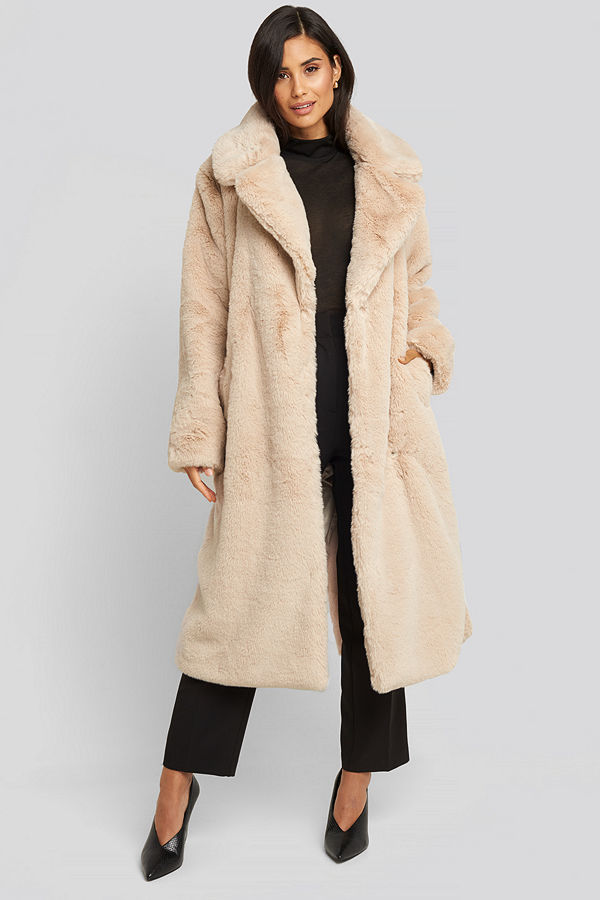 NA-KD Trend Soft Faux Fur Long Coat beige