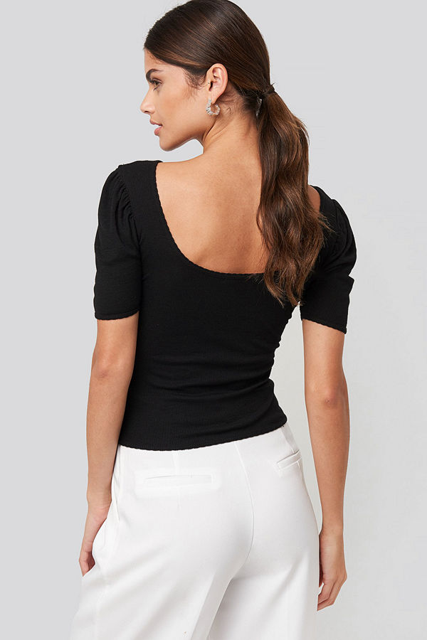 NA-KD Deep Back Puff Sleeve Top svart