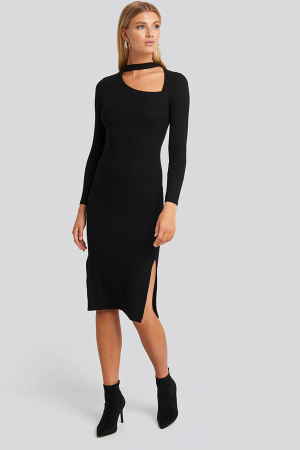 NA-KD Cut Out Ribbed Midi Dress svart