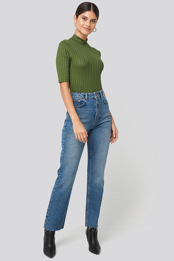 NA-KD High Waist Raw Hem Straight Jeans blå