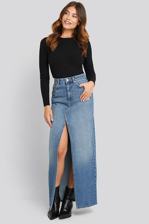 NA-KD Front Split Maxi Denim Skirt blå