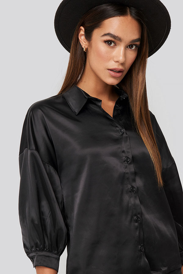 NA-KD Puff Sleeve Satin Blouse svart