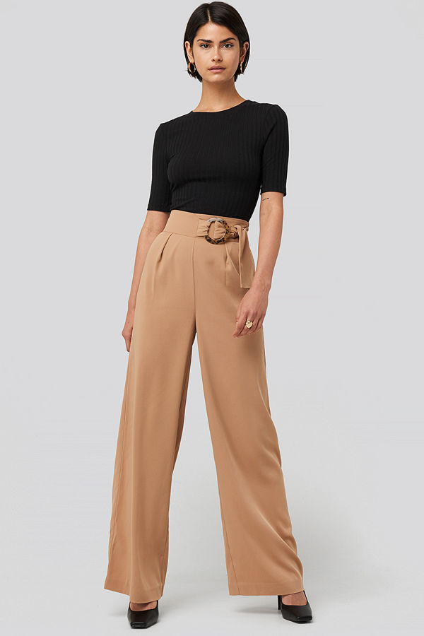 NA-KD Classic Belted Wide Leg Pants beige byxor