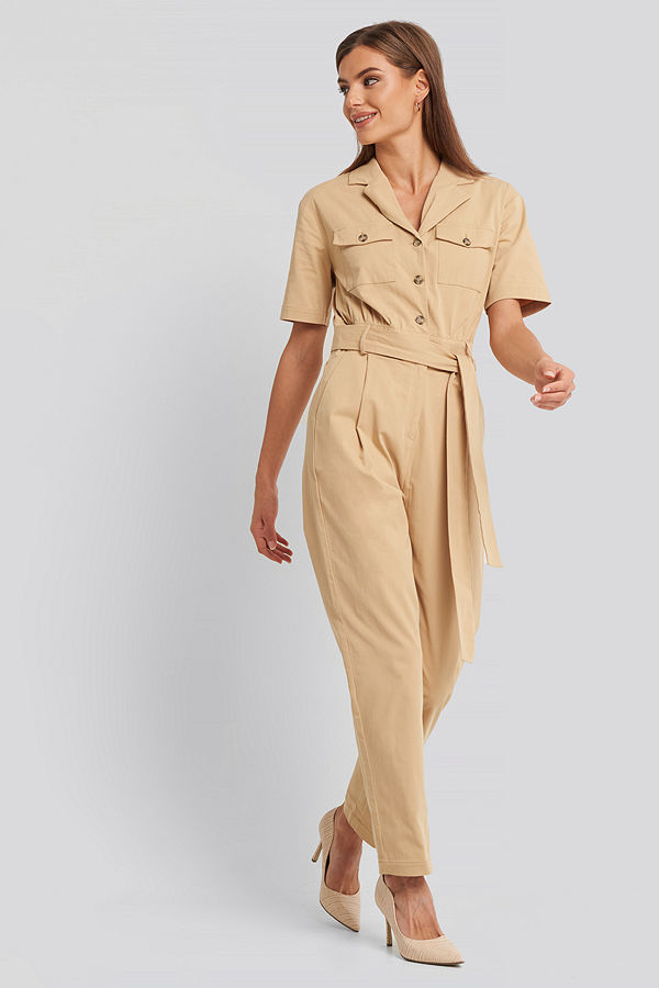 NA-KD Belted Cargo Short Sleeve Jumpsuit beige