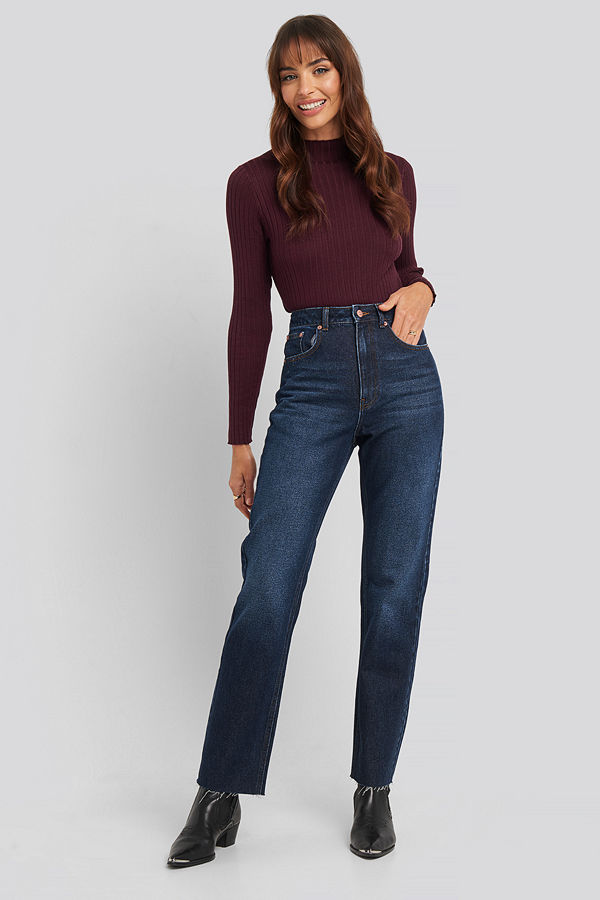NA-KD High Waist Raw Hem Straight Jeans blå