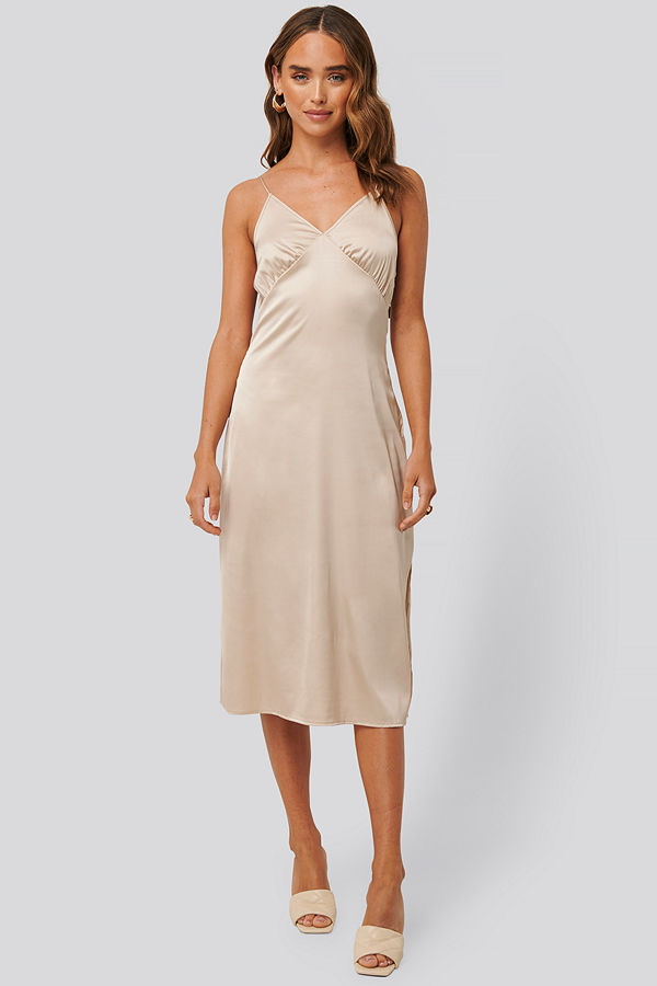 NA-KD Party Slip Satin Slit Dress beige