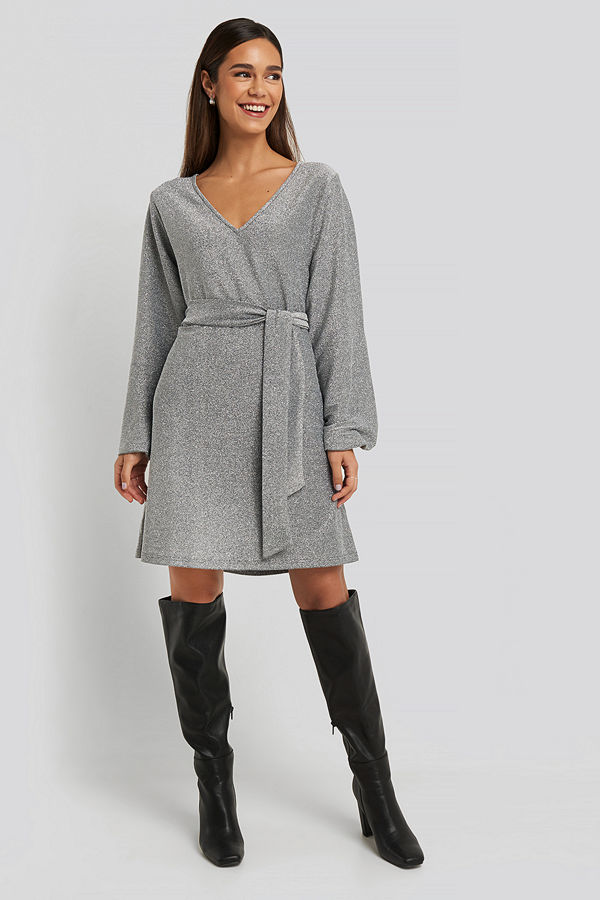 NA-KD Party Mini Balloon Sleeve Glittery Dress silver