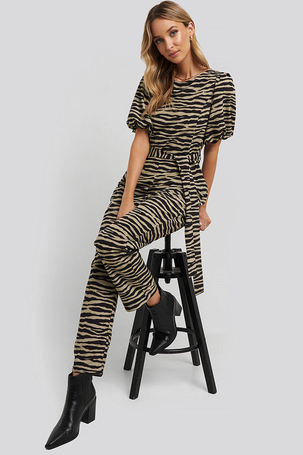 NA-KD Puff Sleeve Belted Jumpsuit multicolor