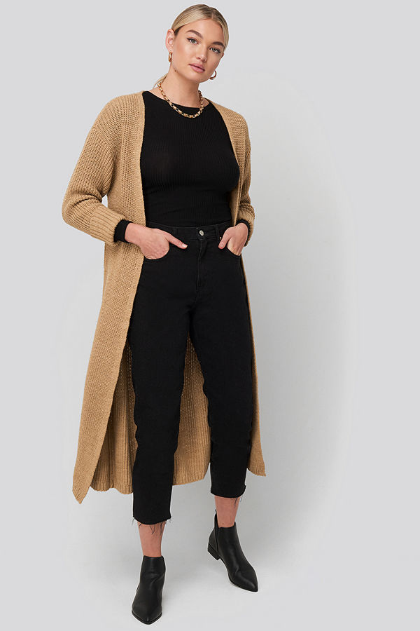 NA-KD Turn Up Cuff Open Front Cardigan beige