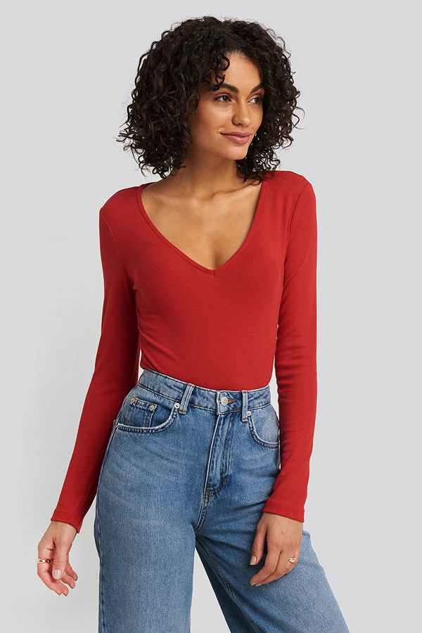 NA-KD Basic Deep V-neck Ribbed Body röd