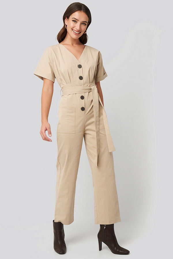 NA-KD Belted Button Up Jumpsuit beige