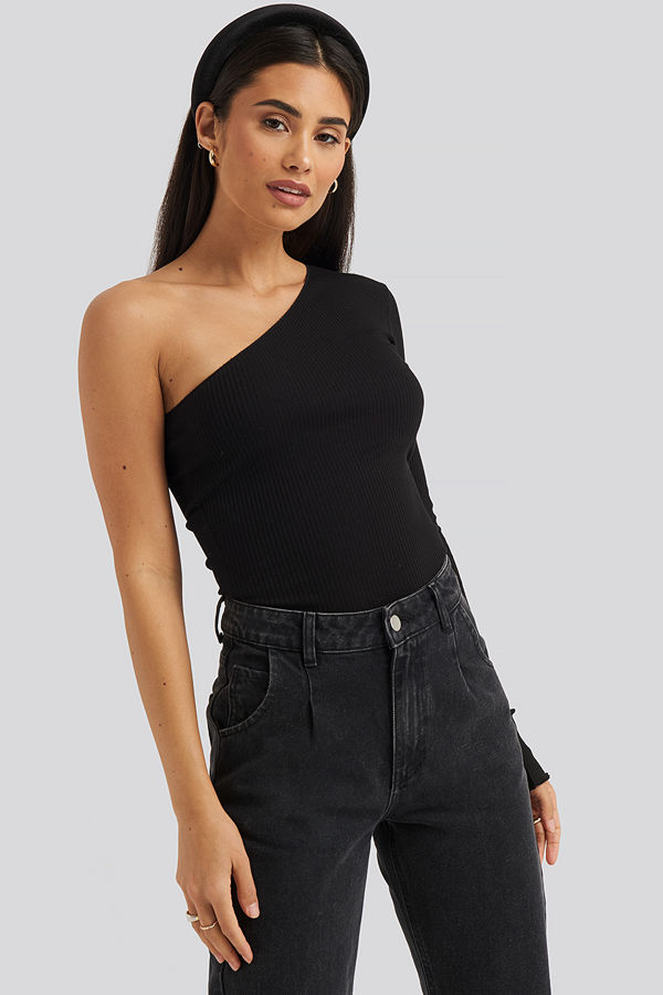 NA-KD One Shoulder Babylock Ribbed Top svart