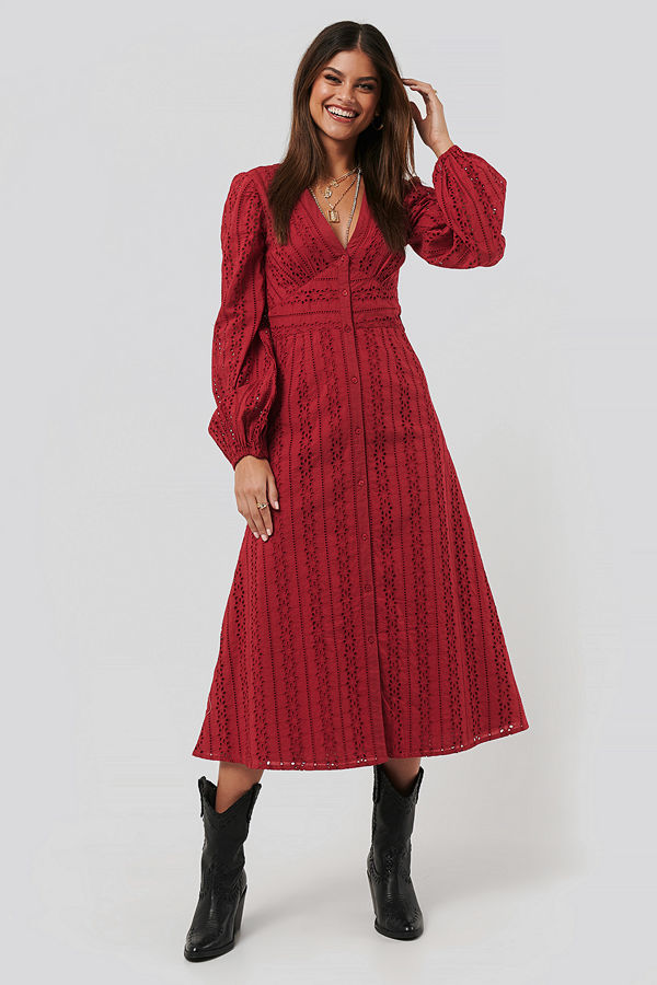 NA-KD Boho Balloon Sleeve Anglaise Midi Dress röd