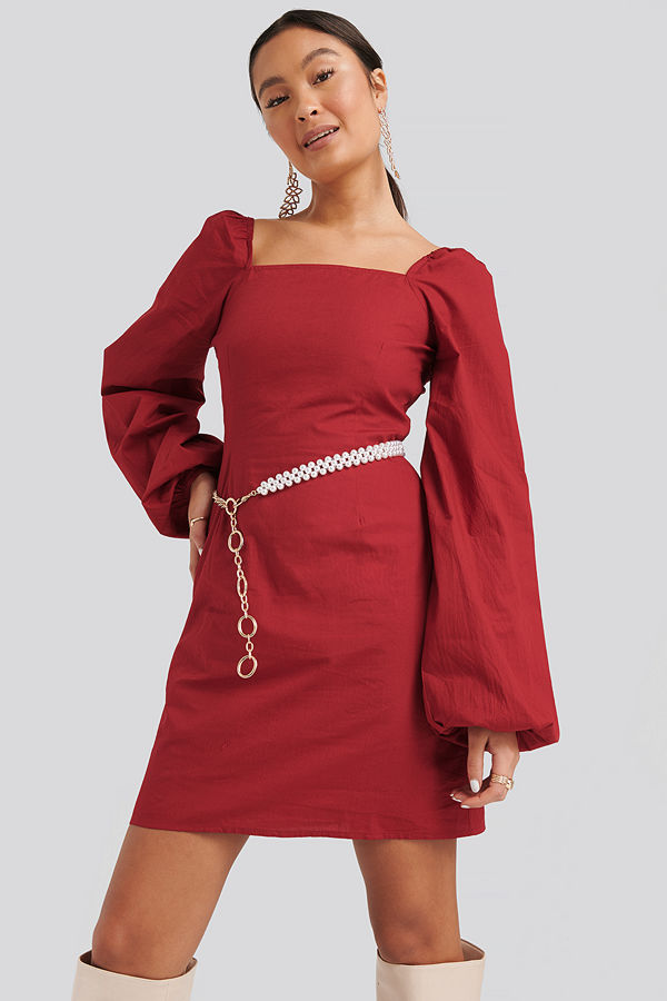 NA-KD Boho Square Neck Balloon Sleeve Dress röd