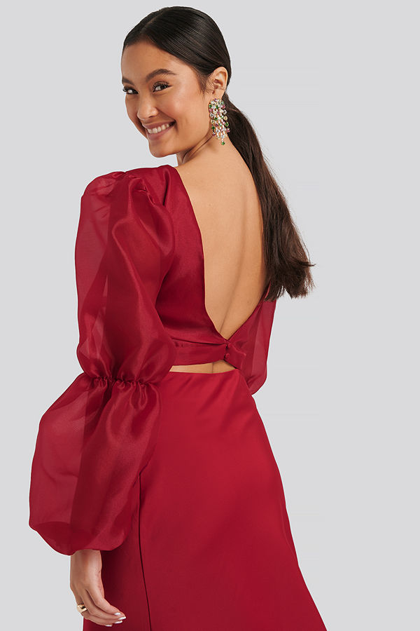 NA-KD Party Organza Puff Sleeve Crop Top röd