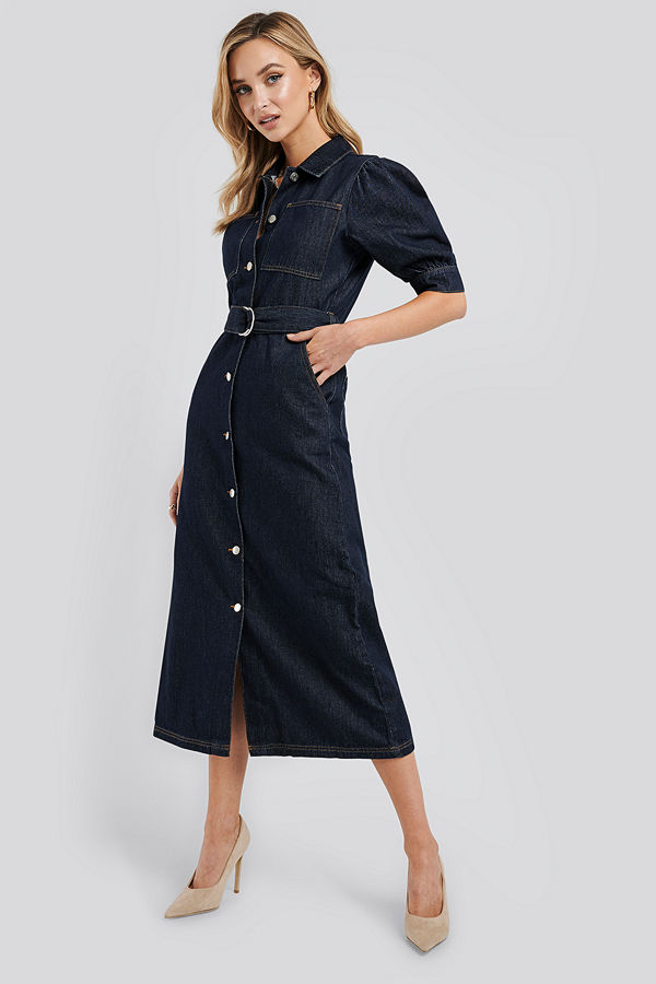 NA-KD Trend Puff Sleeve Belted Denim Dress blå