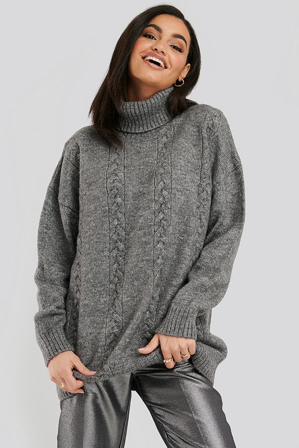 NA-KD Cable Knitted Long Sweater grå