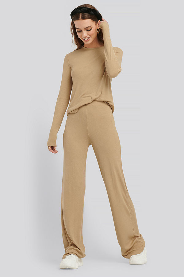 NA-KD Basic Soft Ribbed Wide Basic Pants beige byxor