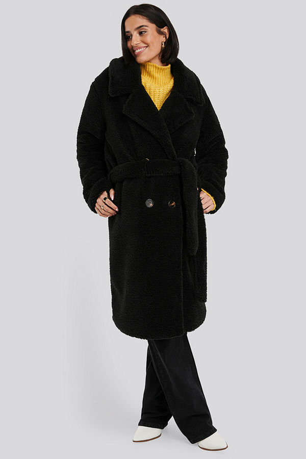 NA-KD Belted Long Teddy Coat svart