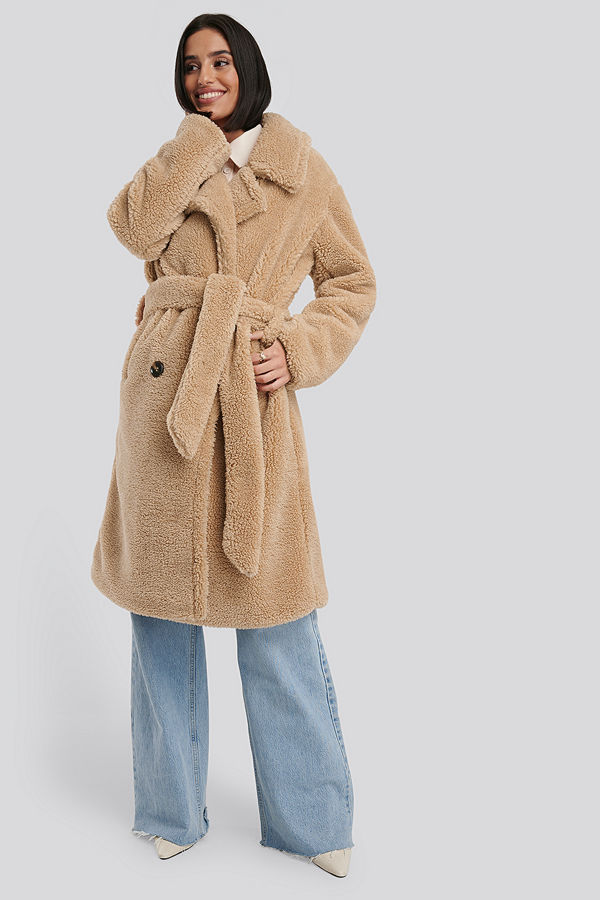 NA-KD Belted Long Teddy Coat beige