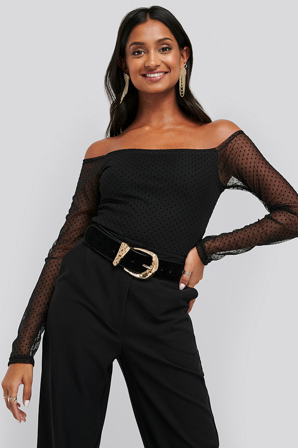 NA-KD Party Slip Shoulder Dotted Mesh Top svart