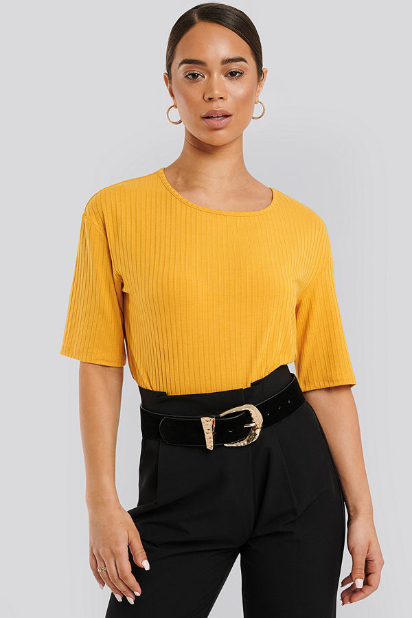 NA-KD Basic Round Neck Ribbed Tee gul
