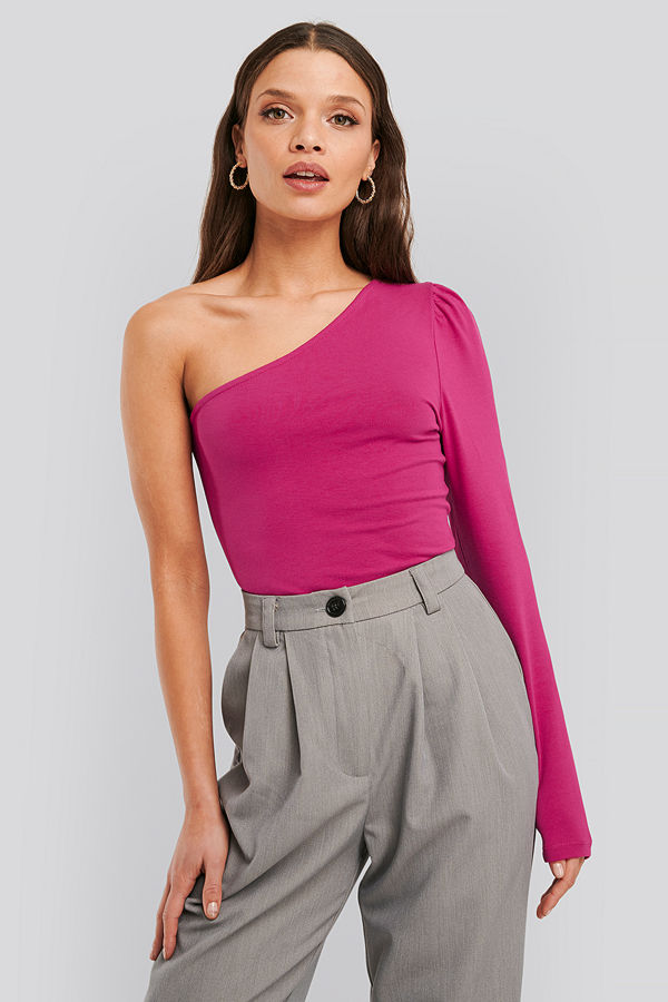 NA-KD Trend Puff Sleeve One Shoulder Top rosa