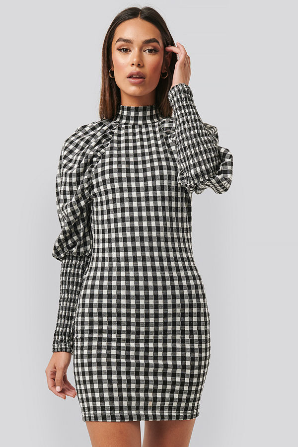 NA-KD Raglan Balloon Sleeve Check Dress multicolor