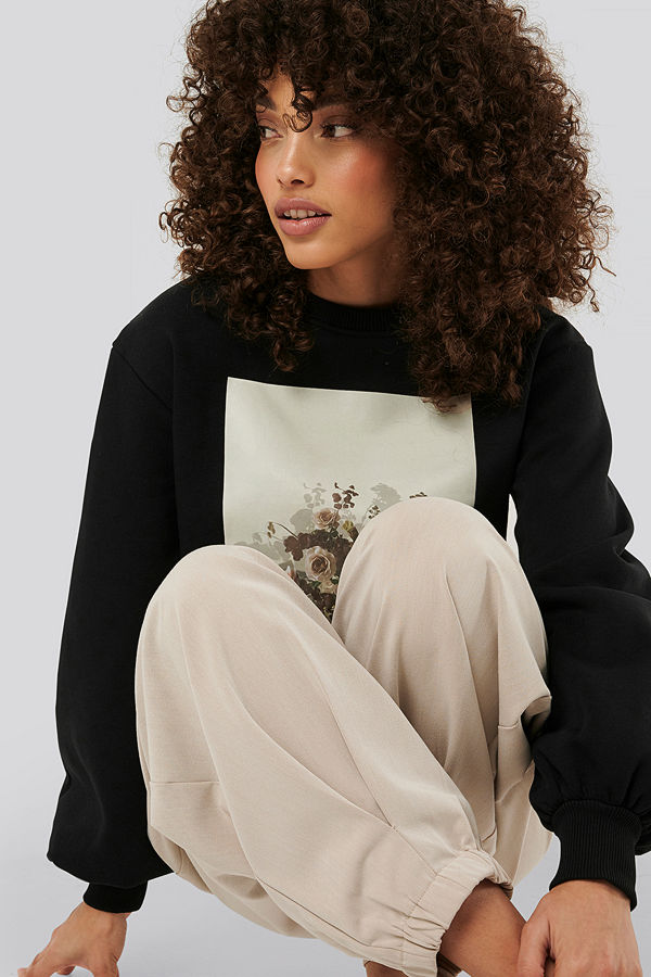 NA-KD Printed Puff Sleeve Sweater svart