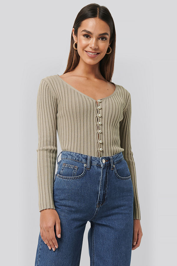 NA-KD Trend Pearl Detailed Knitted Cardigan beige