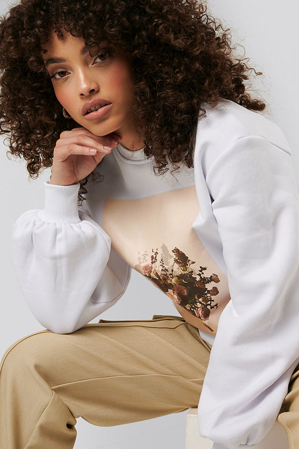 NA-KD Printed Puff Sleeve Sweater vit