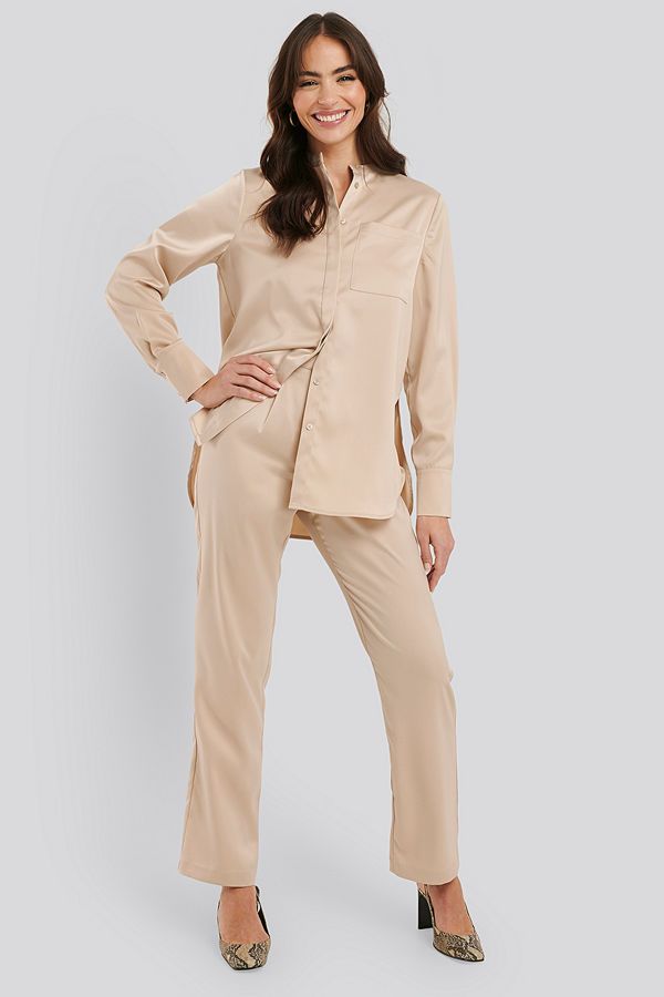 NA-KD Classic omönstrade byxor High Rise Satin Pants beige