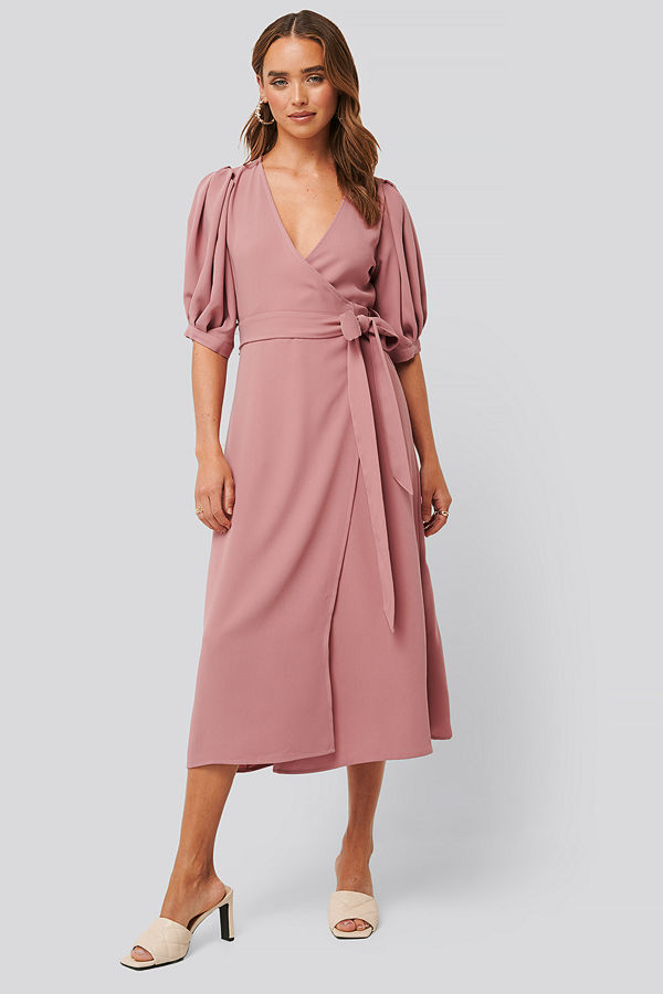 NA-KD Puff Sleeve Wrap Midi Dress rosa