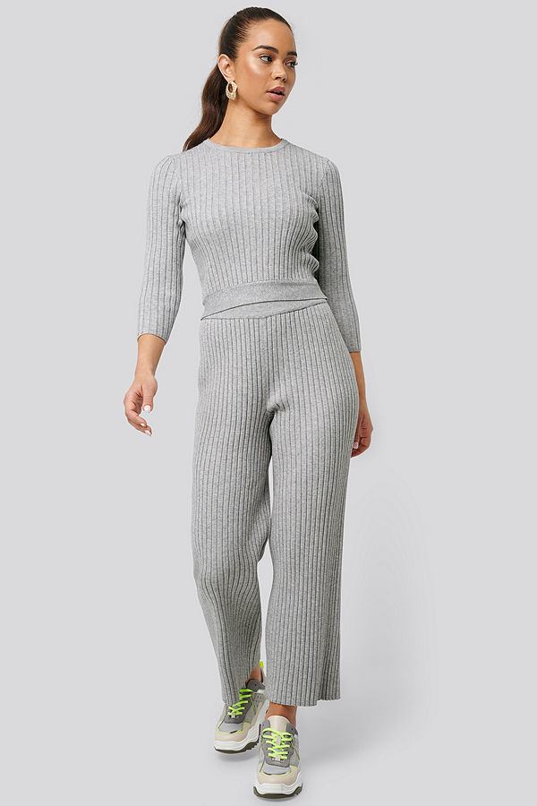 NA-KD ljusgrå byxor Ribbed Knitted Culottes grå