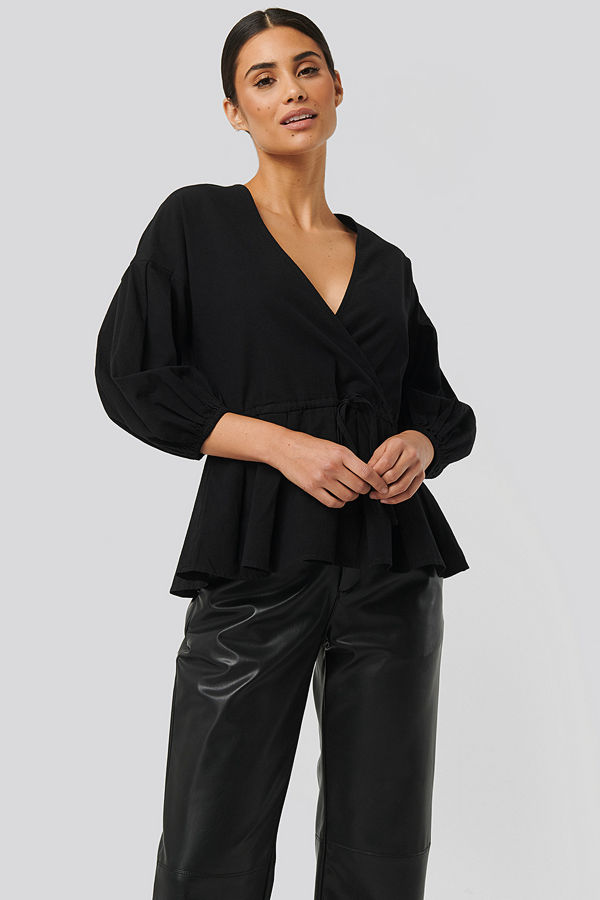 NA-KD Balloon Sleeve Drawstring Blouse svart